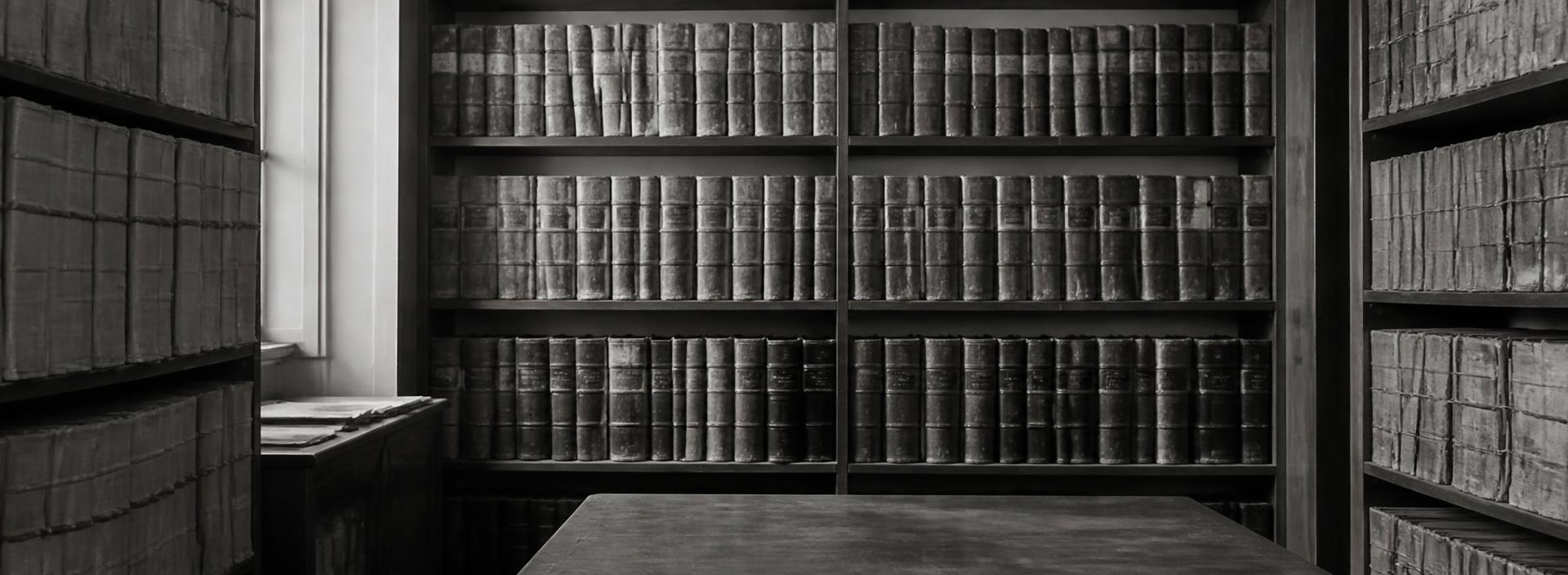 Bound volumes on shelves.